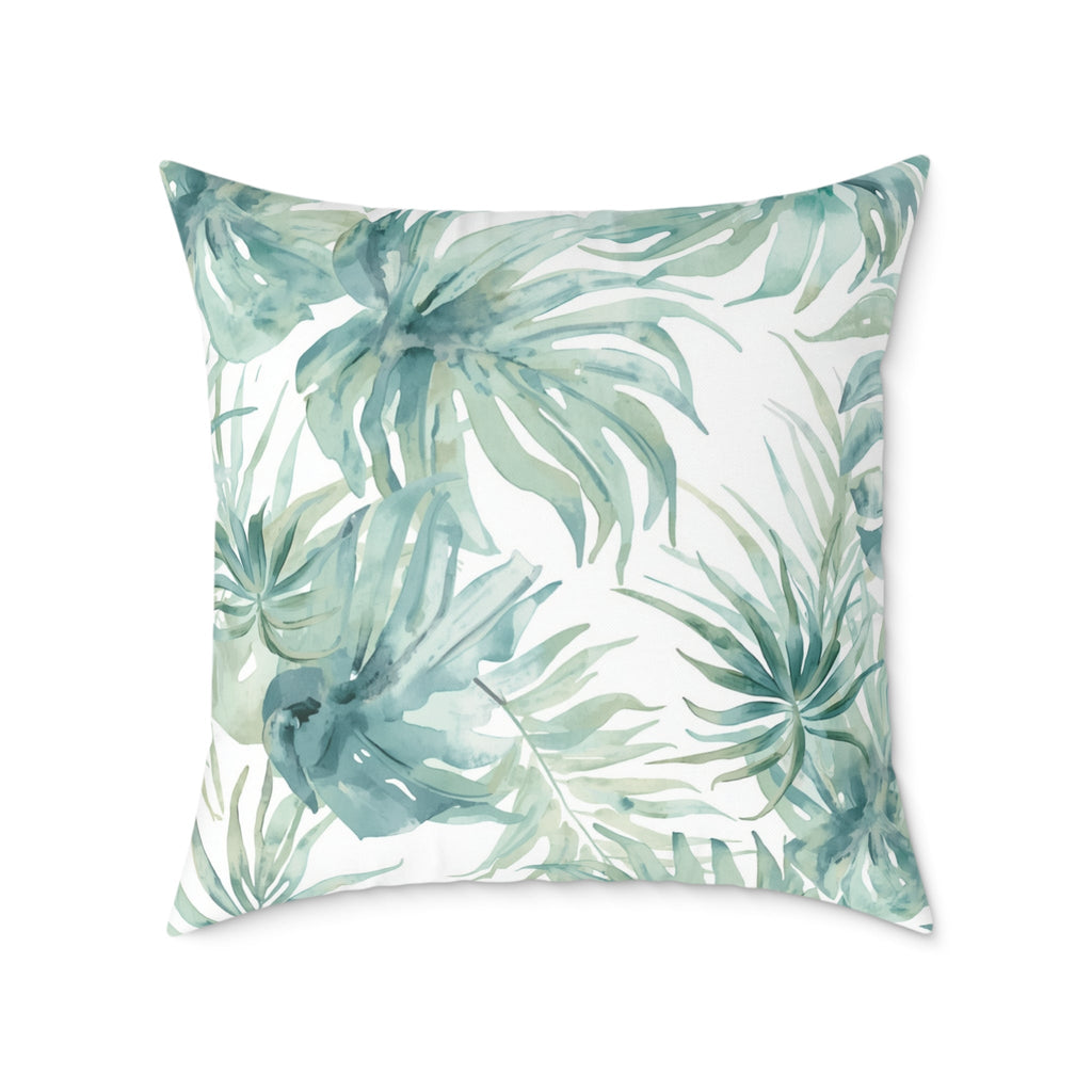 Soft blue watercolor palm tree throw pillow for relaxed beach house decor.