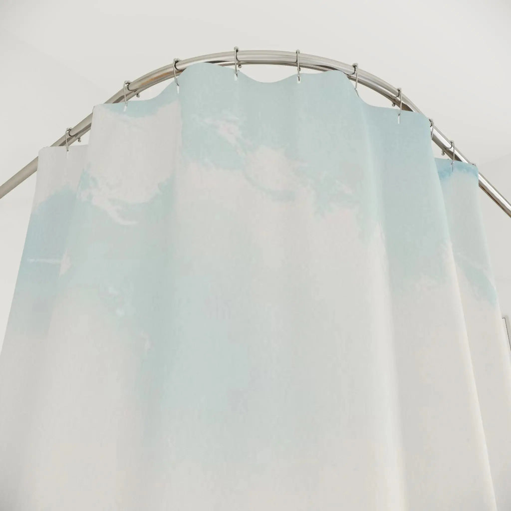 Coastal bathroom shower curtain with beach scenery aesthetic