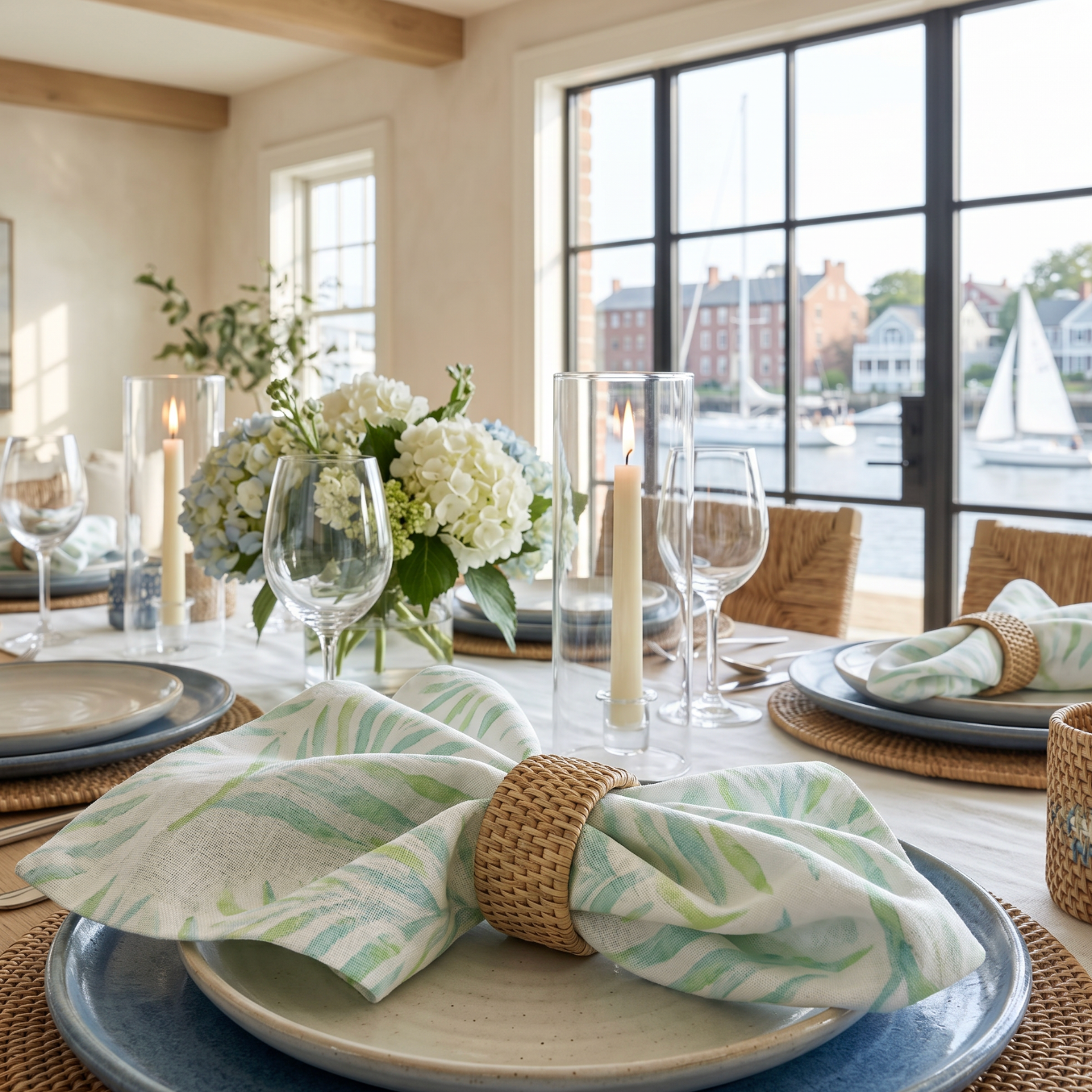 Green palm‑leaf patterned napkins set of 4 adding a relaxed seaside feel to a waterfront tablescape.
