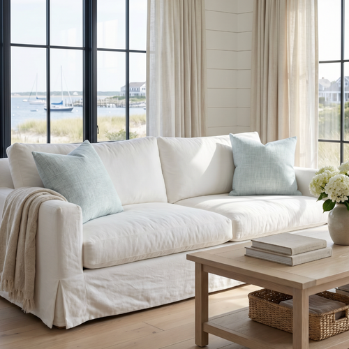 Light blue aqua throw pillow for coastal, beach house, or modern neutral living room decor