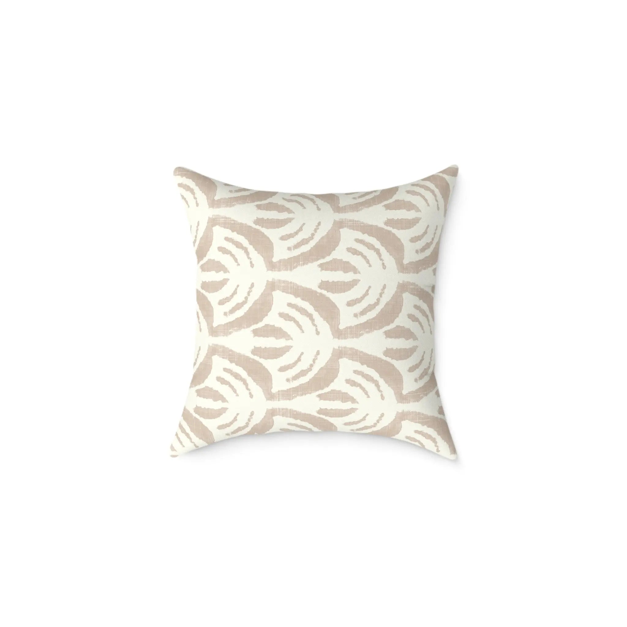 Sienna Throw Pillow with boho neutral hand-drawn fan motif in beige on cream.