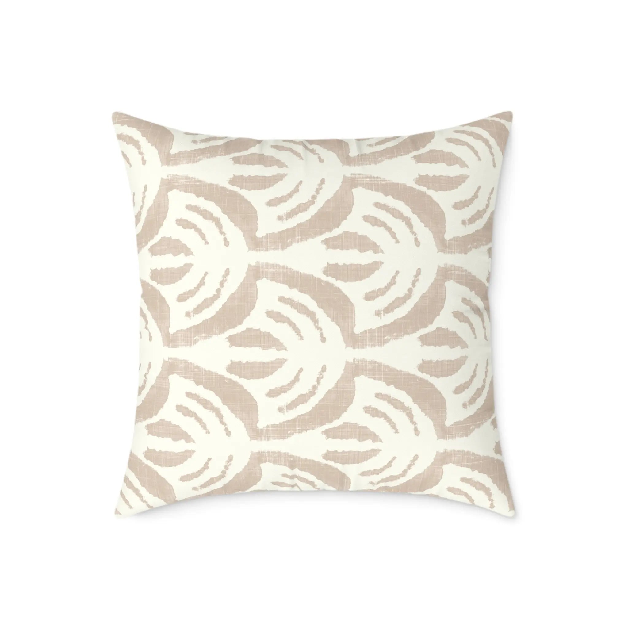 Sienna Throw Pillow with a soft neutral hand-drawn fan motif in beige on ivory.