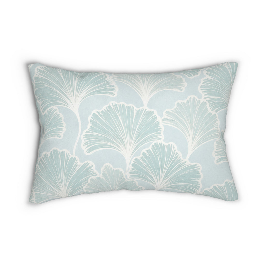 Soft seafoam botanical lumbar pillow adding gentle color and coastal texture to a beach house living room.