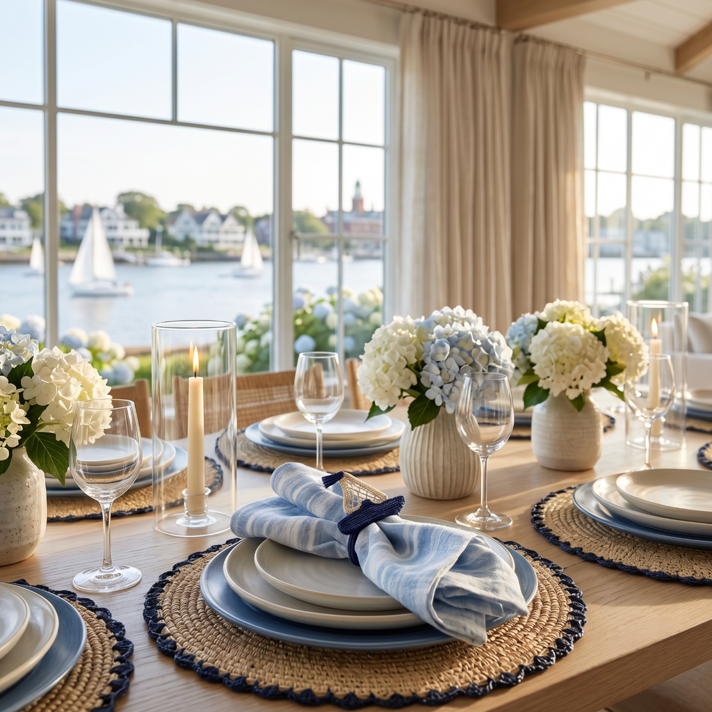 Coastal table setting with washed blue stripe linen dinner napkins on a light linen tablecloth.