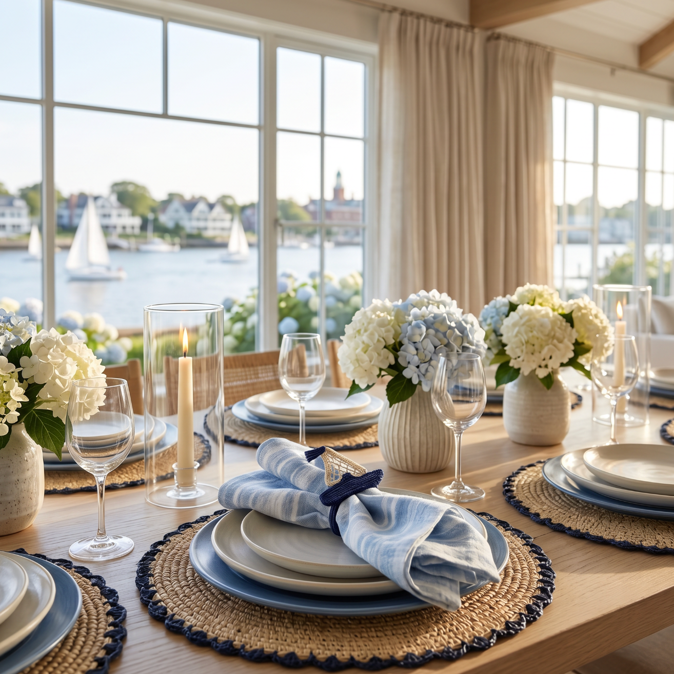 Coastal table setting with washed blue stripe linen dinner napkins on a light linen tablecloth.