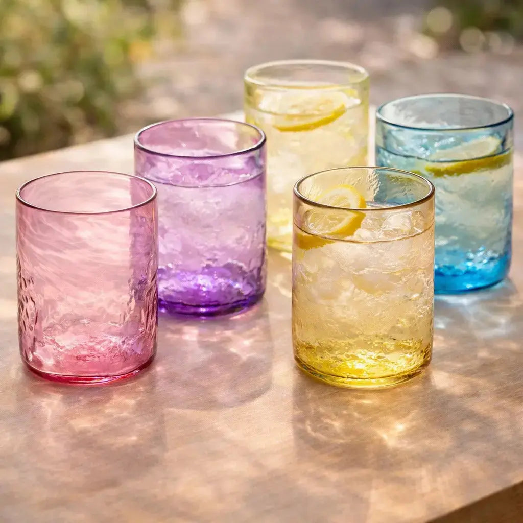 Soleado colorful glasses and tumblers set in blue, pink, yellow, gray, and green