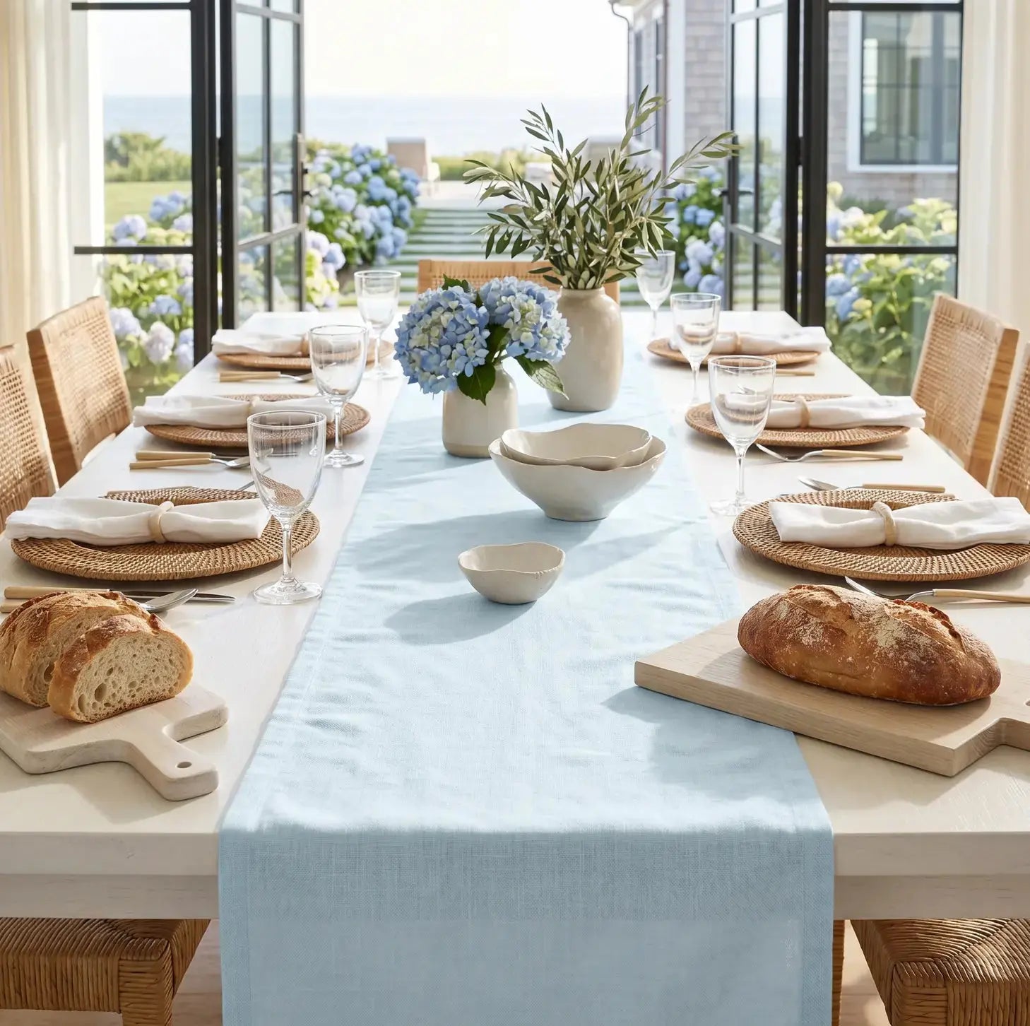 Solid light blue table runner styled for a clean, minimalist coastal tablescape.