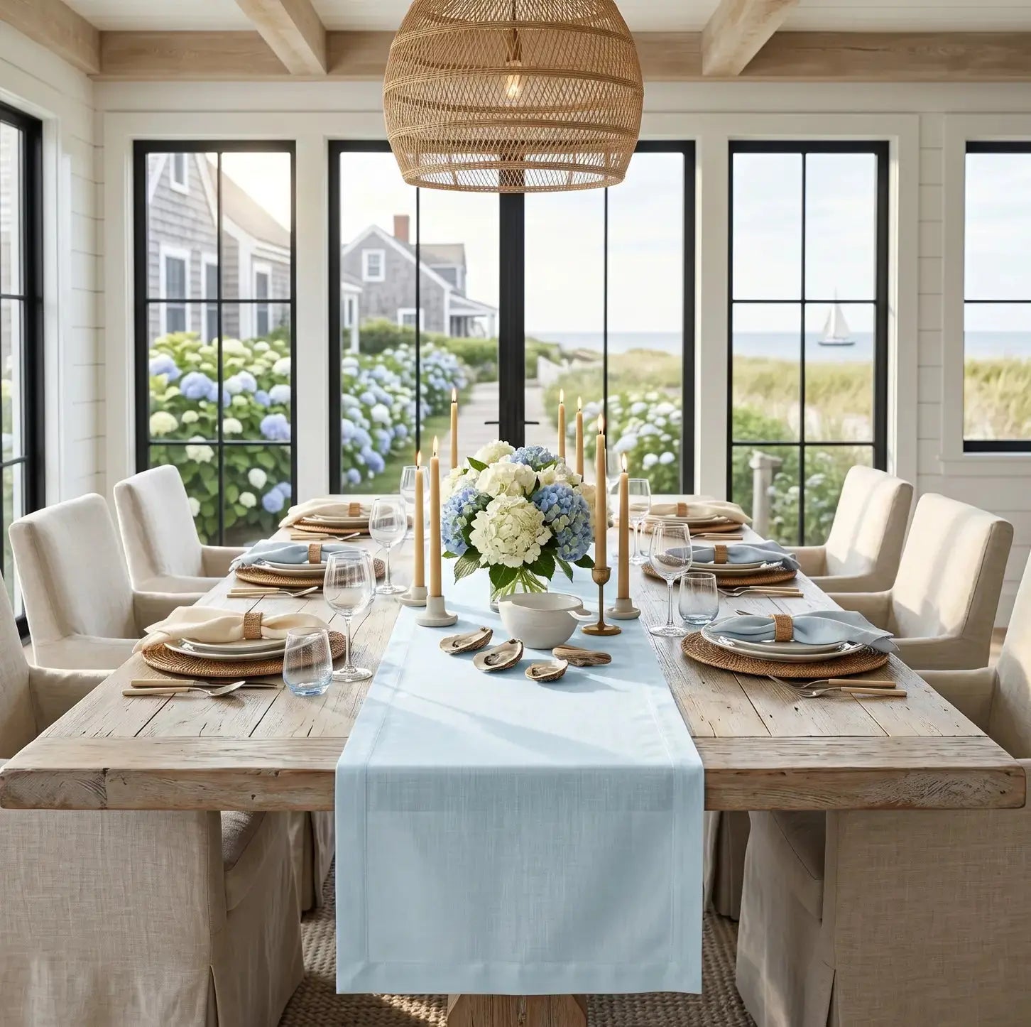Solid light blue table runner on a light wood table for simple beach house decor