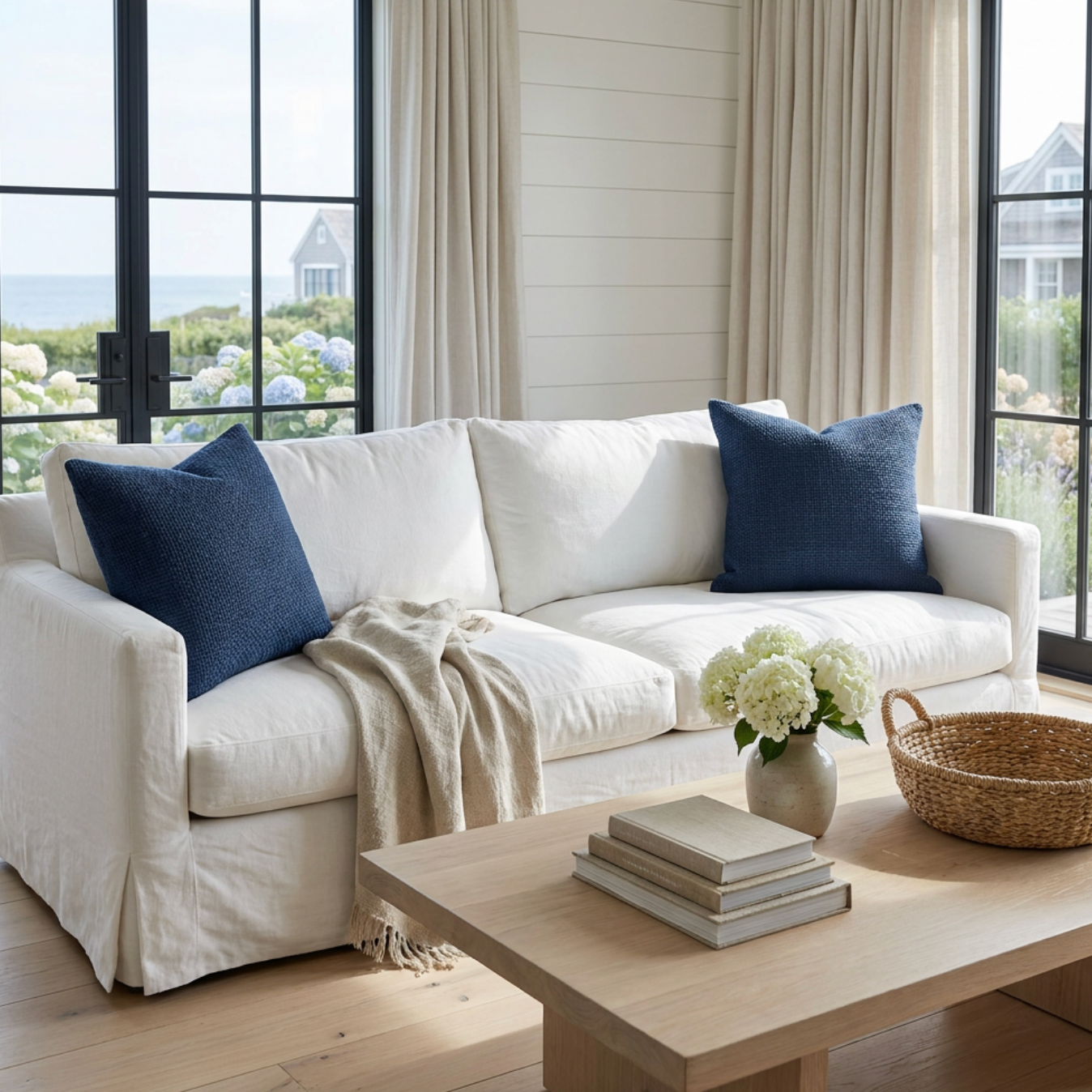 Deep navy decorative pillow styled on a cream couch in a modern living room.