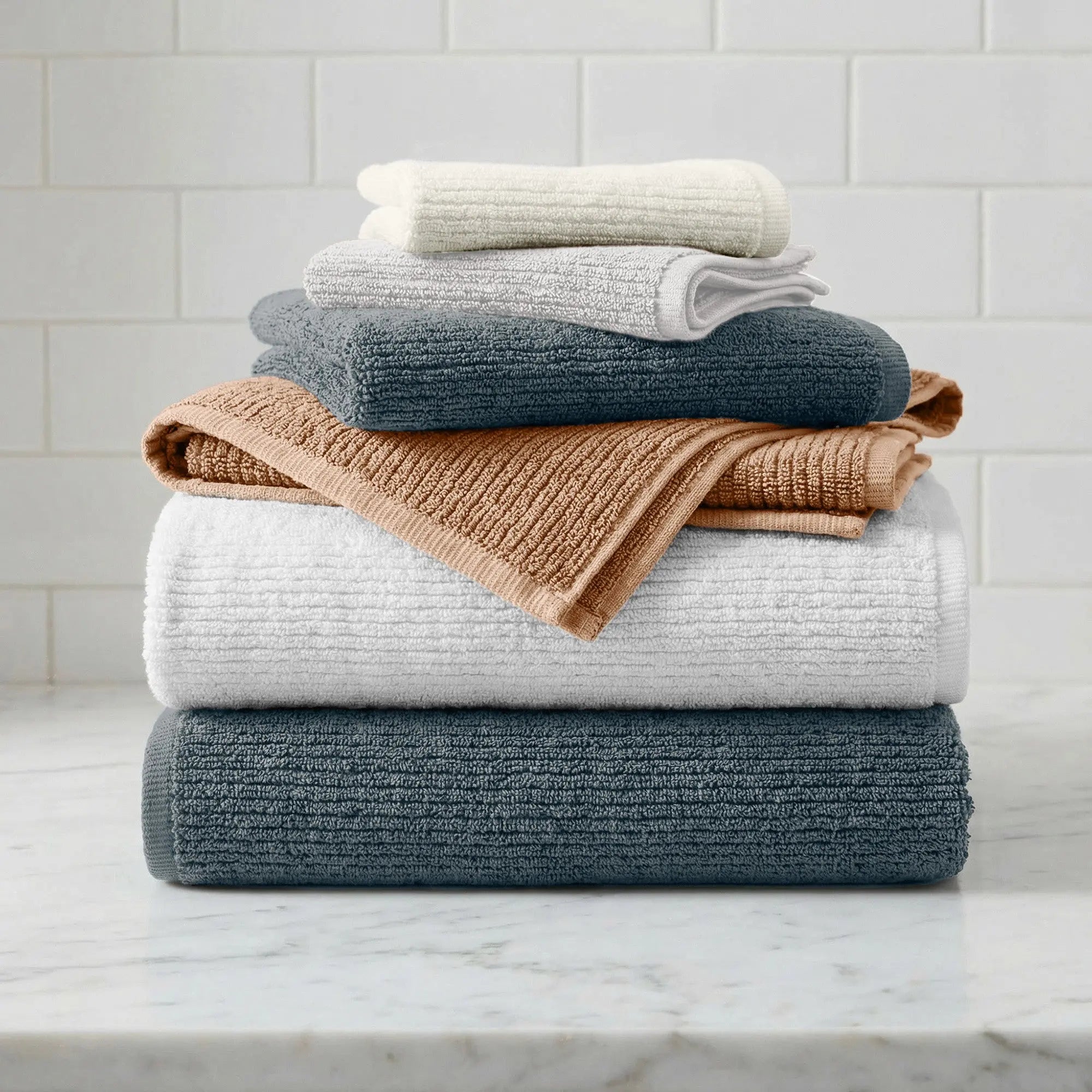 Turkish Cotton Ribbed 6-Piece Bath Towel Set, Georgiana Collection, stacked in white, cream, gray, and blue