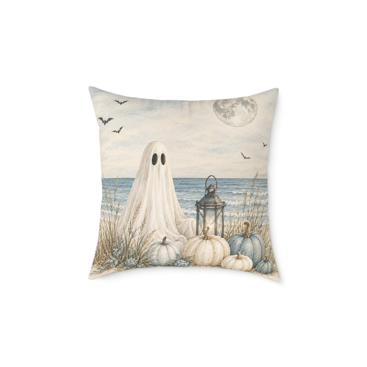 Spooky beach house ghost pillow with a moonlit ocean view and understated pumpkin accents