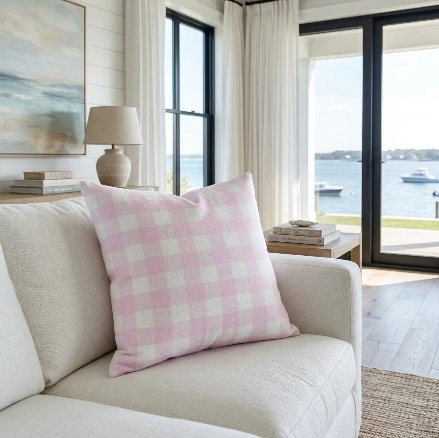 Lila Throw Pillow with pink gingham checks on a light sofa by a seaside window.