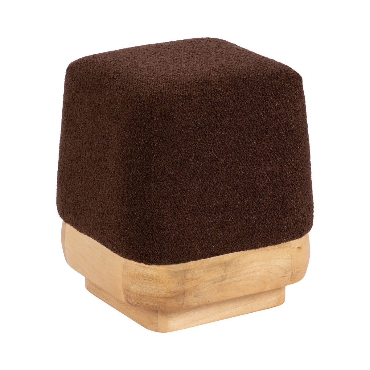 Square brown boucle ottoman with upholstered top and wooden base
