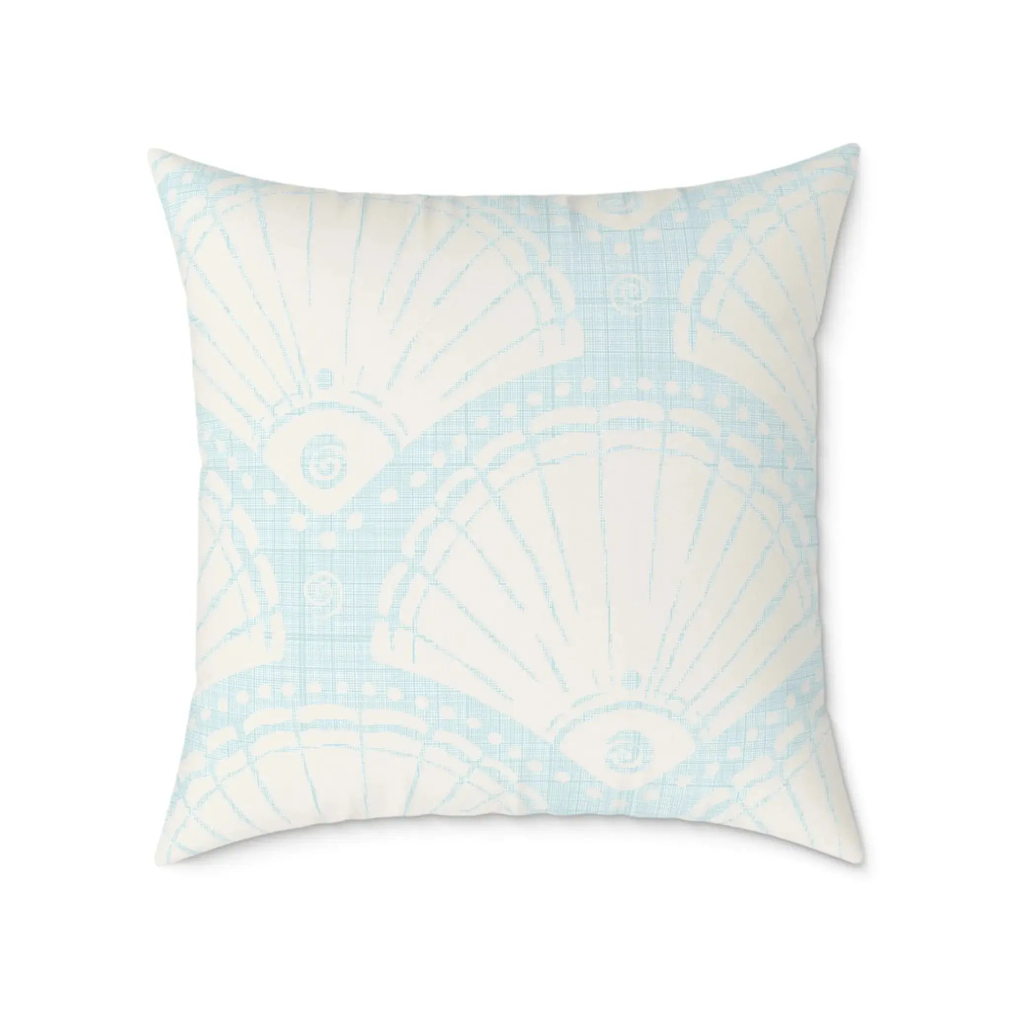 Coastal blue throw pillow with a subtle seashell fan pattern.