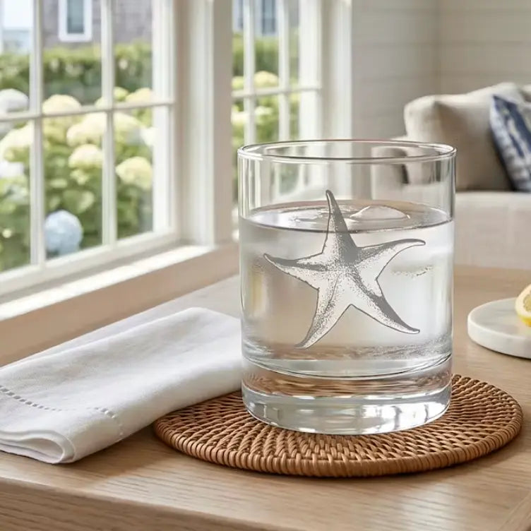 Clear starfish cocktail glass designed for coastal and ocean-inspired home bars