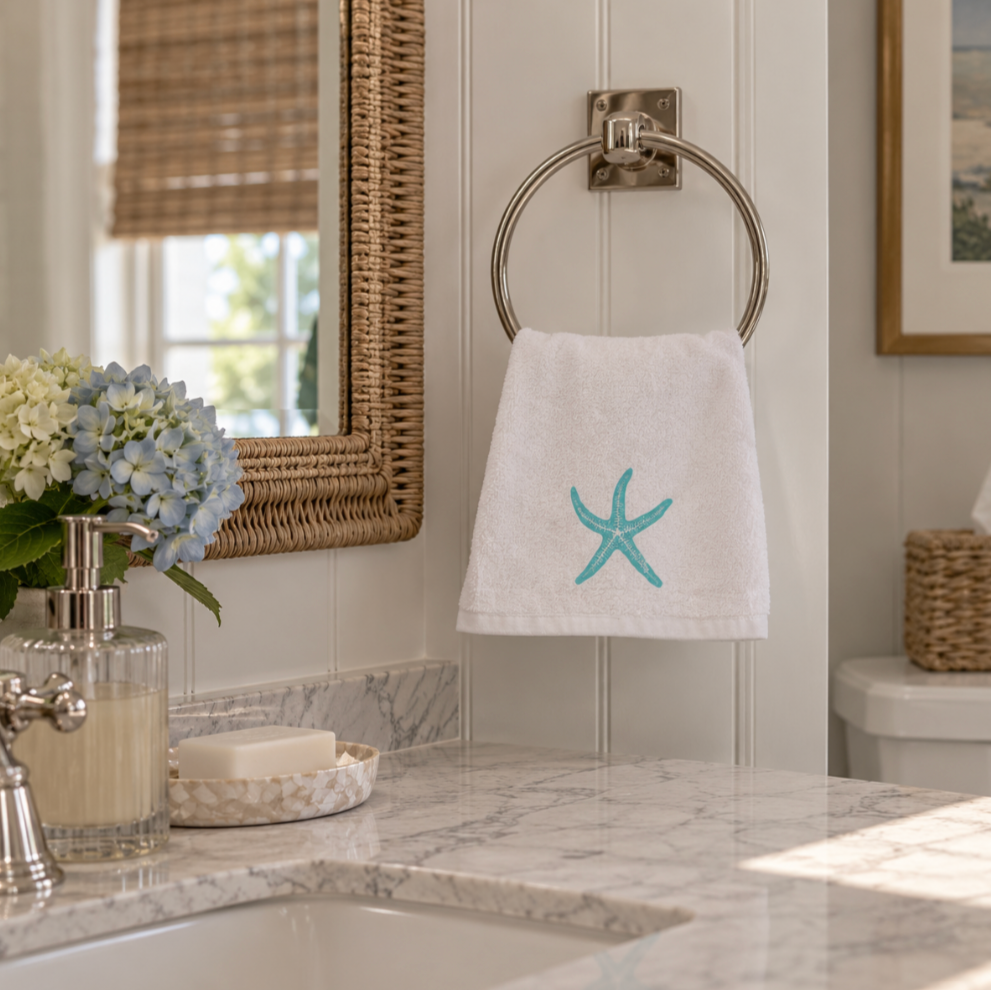 Decorative hand towel featuring a starfish motif for seaside bathroom décor.