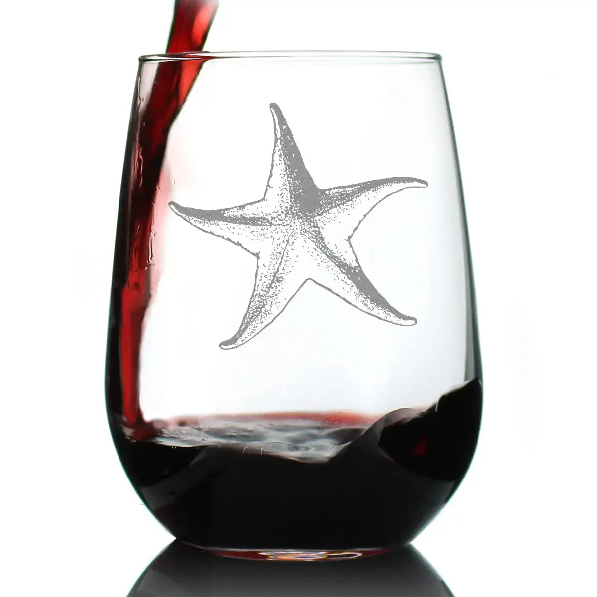 Clear stemless wine glass featuring an etched starfish for coastal table settings
