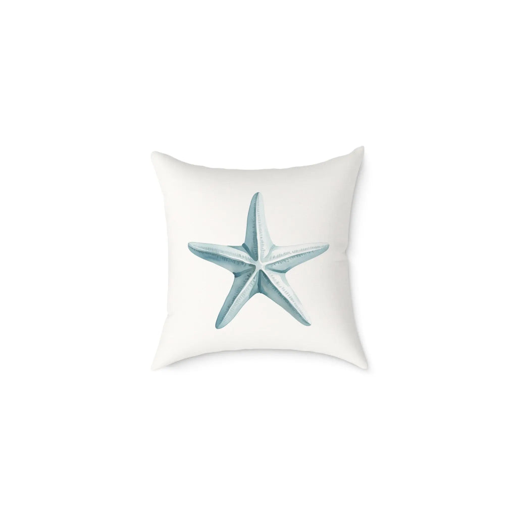 Driftstar Throw Pillow with a blue starfish on white, double-sided print for versatile coastal decor.