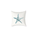 Driftstar Throw Pillow with a blue starfish on white, double-sided print for versatile coastal decor.