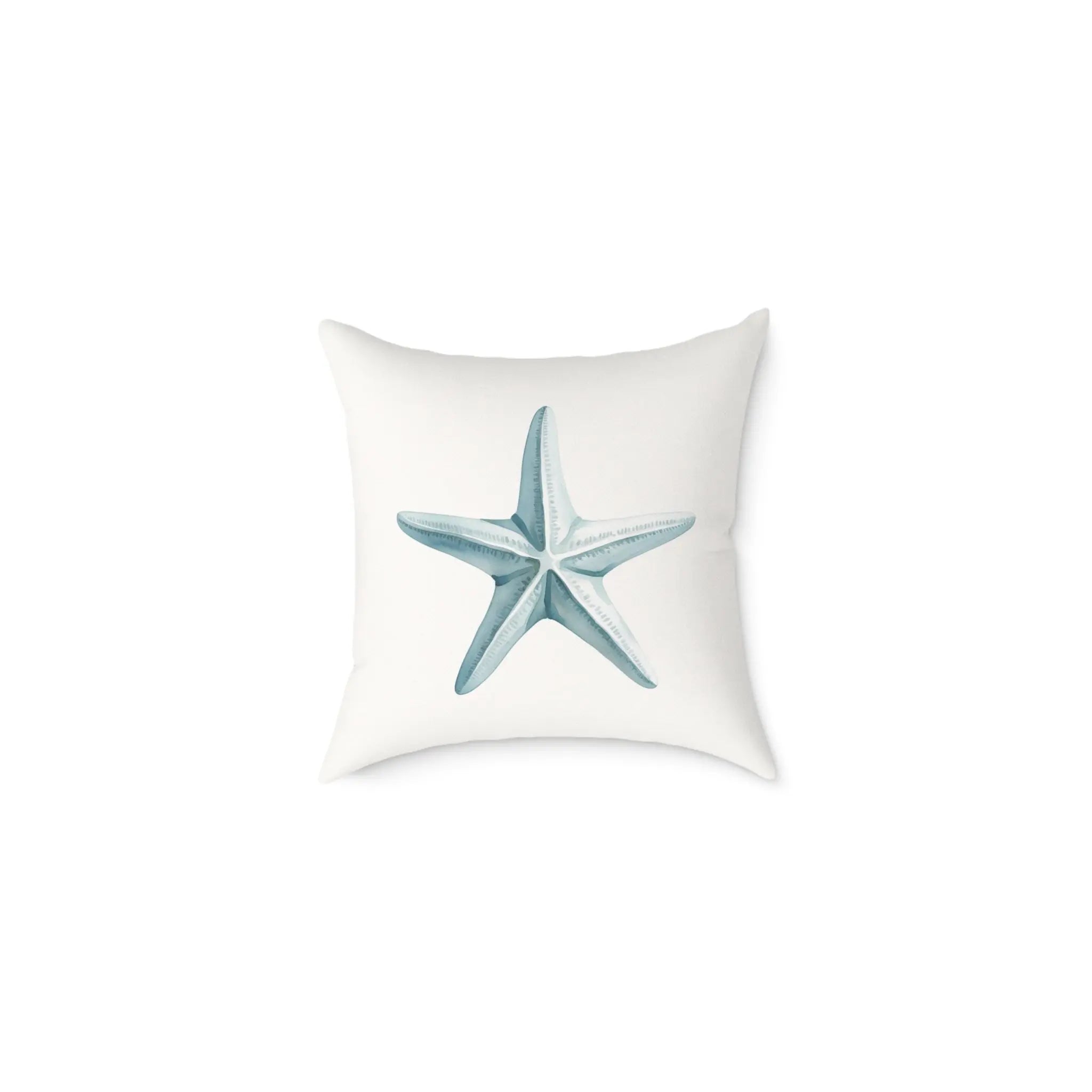 Driftstar Throw Pillow with a blue starfish on white, double-sided print for versatile coastal decor.