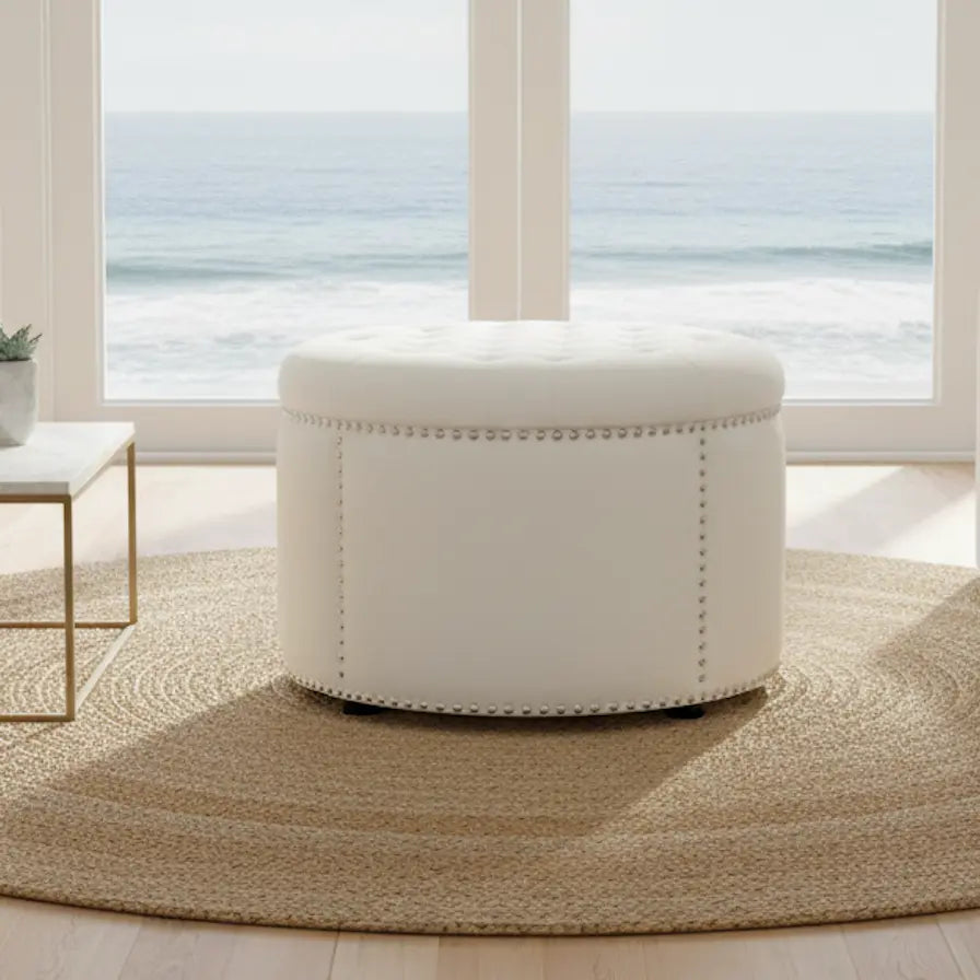 Cream Velvet Round Ottoman HouseOfZazla