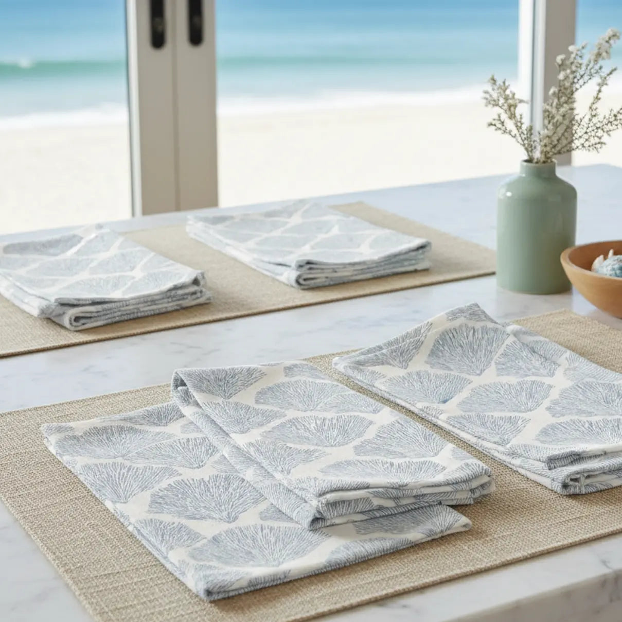 Bar Harbor Coral Linen Napkins set of 4 with blue seashell pattern on a coastal table.