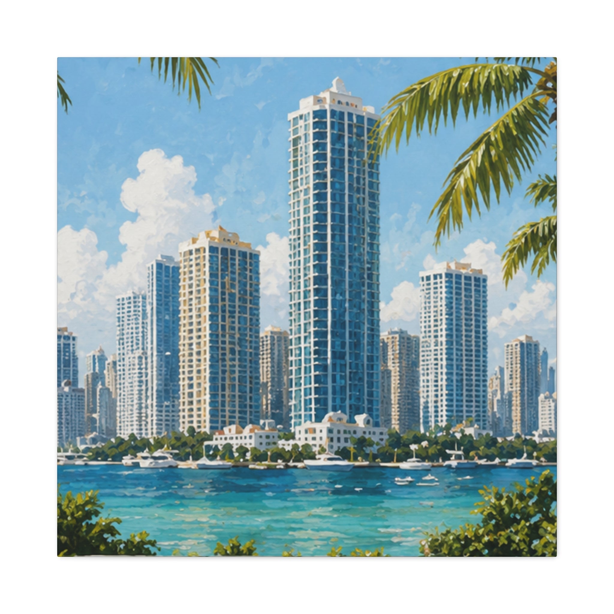 Sunset Miami skyline canvas painting for trendy sofa wall decor.