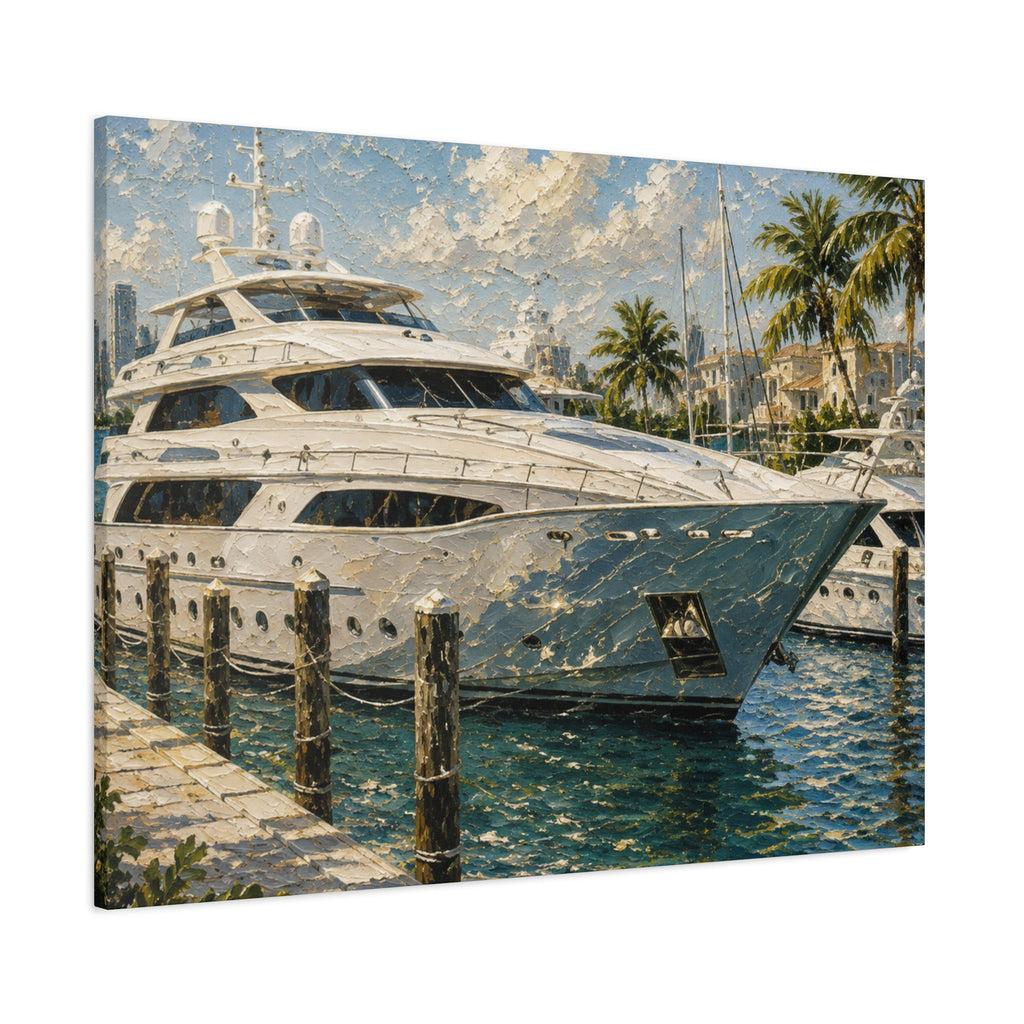 Sunset Miami yacht canvas wall art featuring warm ocean colors for statement wall decor.