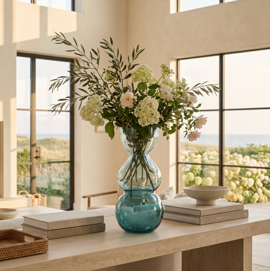 Vintage style light blue glass vase displayed on open shelving for farmhouse coastal home accents.
