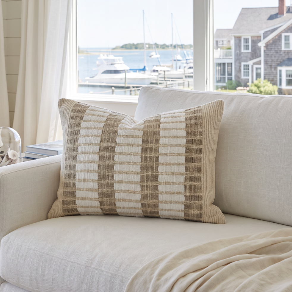 Beige and cream textured stripe pillow bringing relaxed beachy warmth to modern seating areas.
