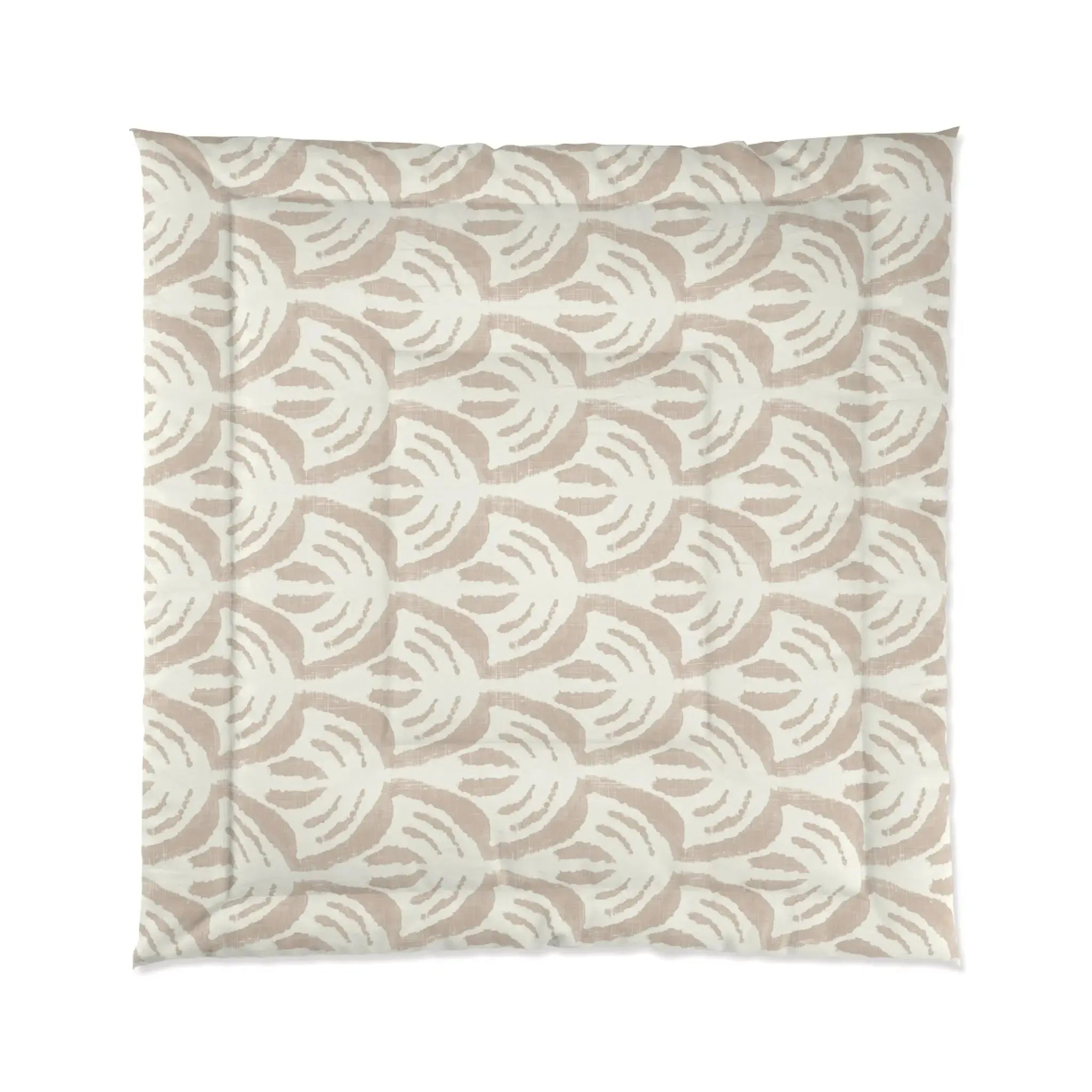 Tan geometric pattern comforter on a queen bed in a minimalist neutral room