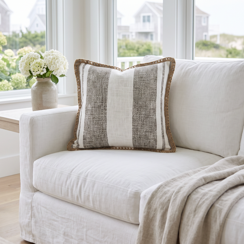 Square accent pillow with woven stripes and decorative edge trim that outlines the silhouette.