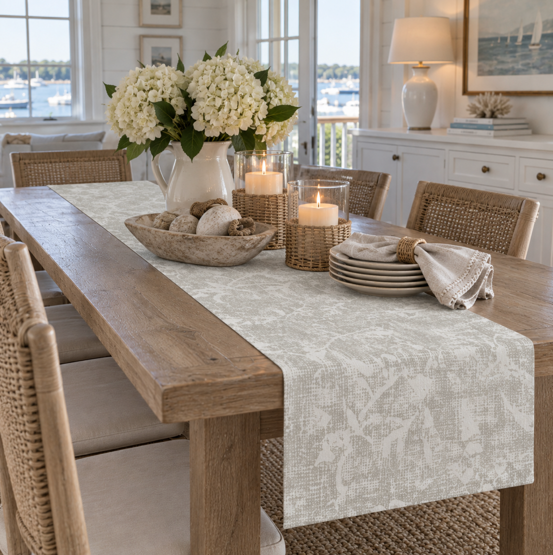 Taupe floral table runner for coastal decor with distressed botanical details and an ivory base