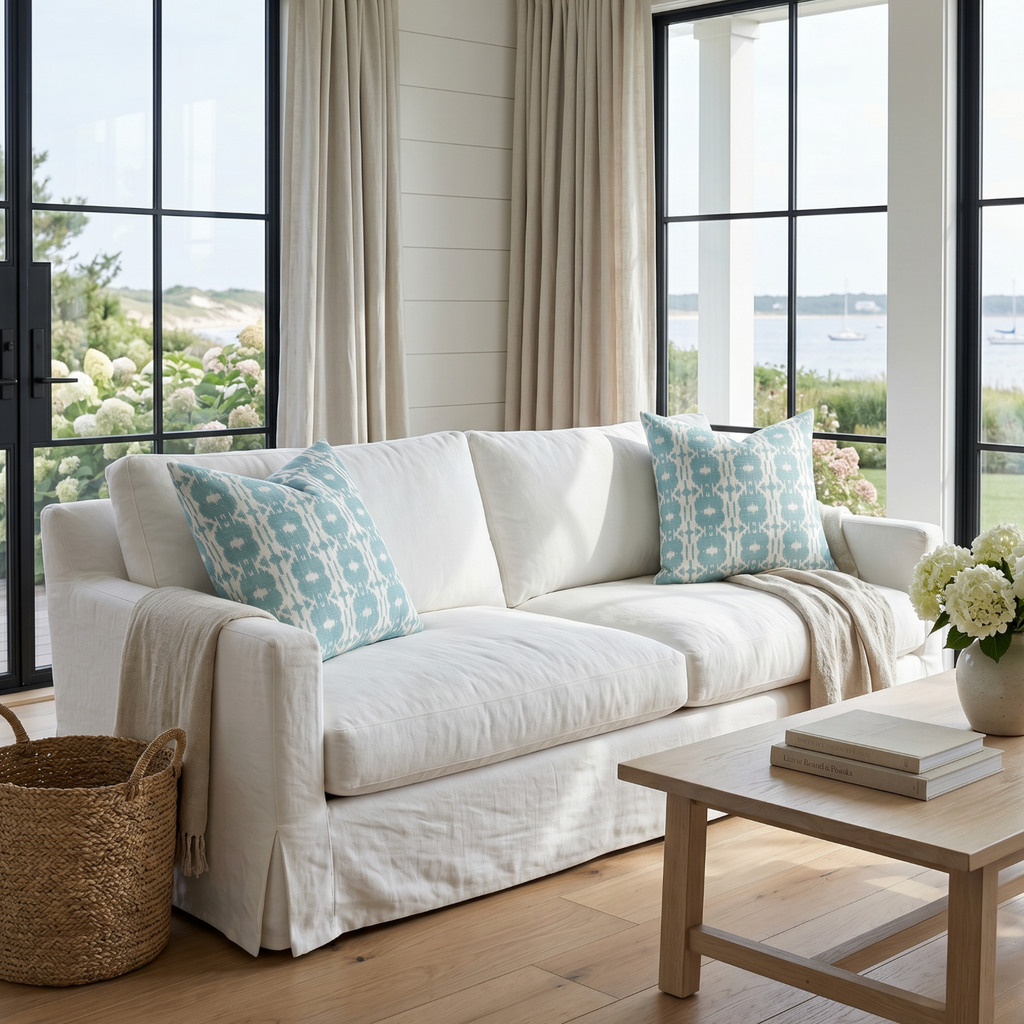 Teal coastal ikat throw pillow on an accent chair with coastal decor.