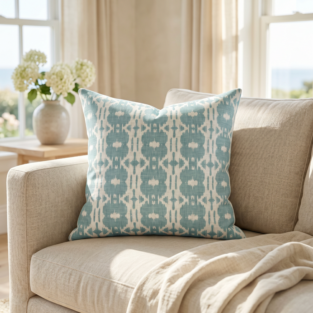 Teal coastal ikat throw pillow on a couch in a beach house style living room
