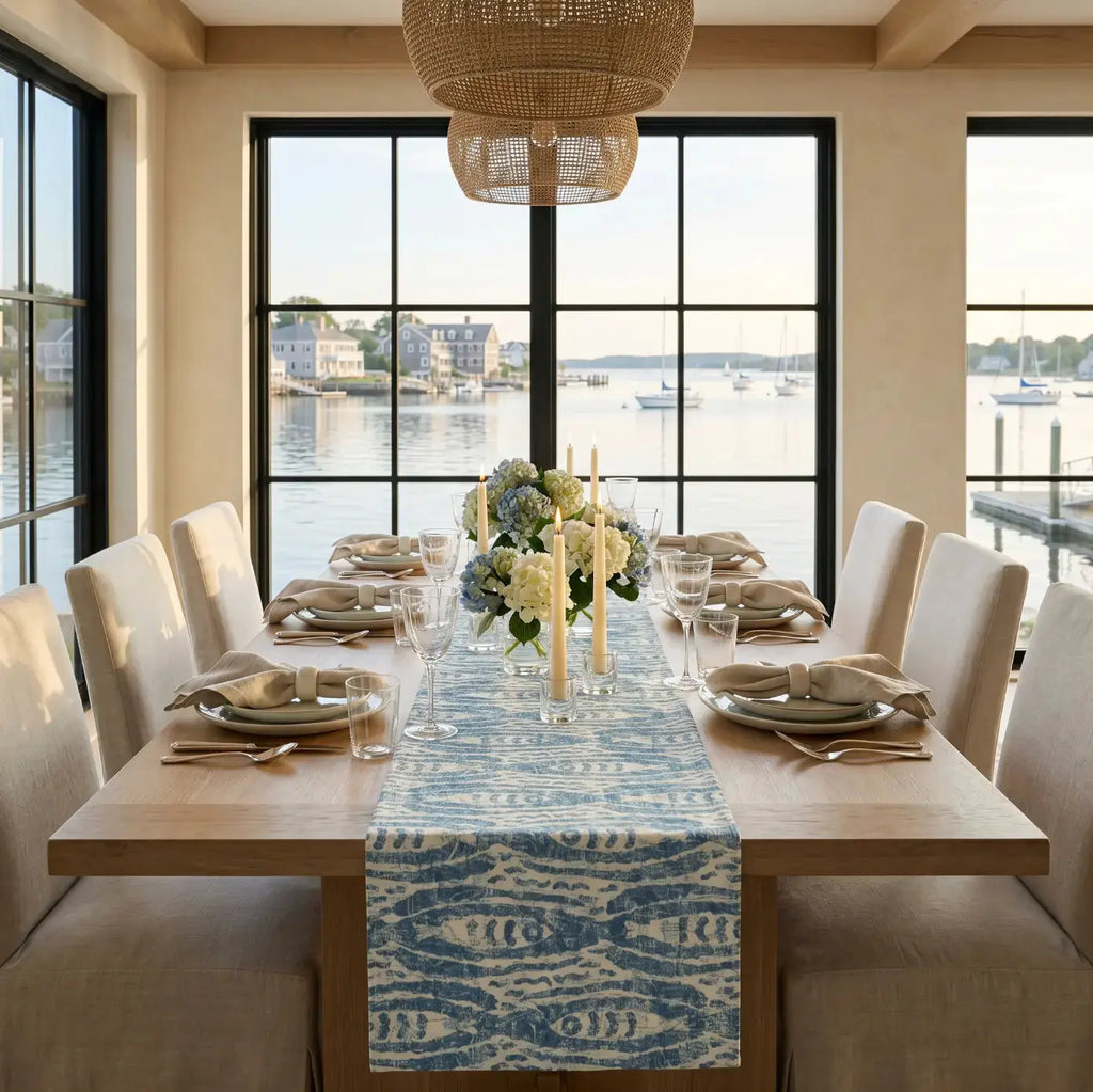 Teal ikat fish table runner styled with a seashell and driftwood centerpiec