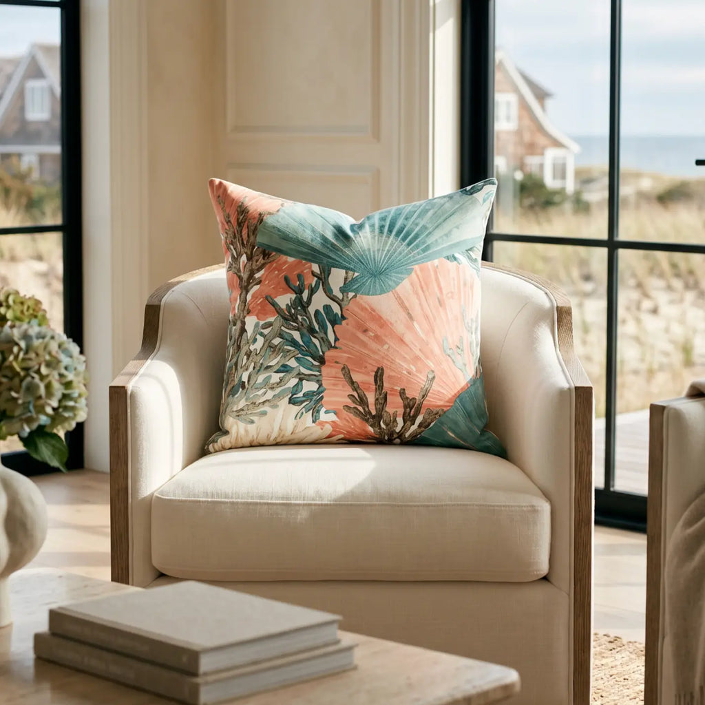 Teal and salmon coral and shell throw pillow adding ocean-inspired color to a beach house sofa