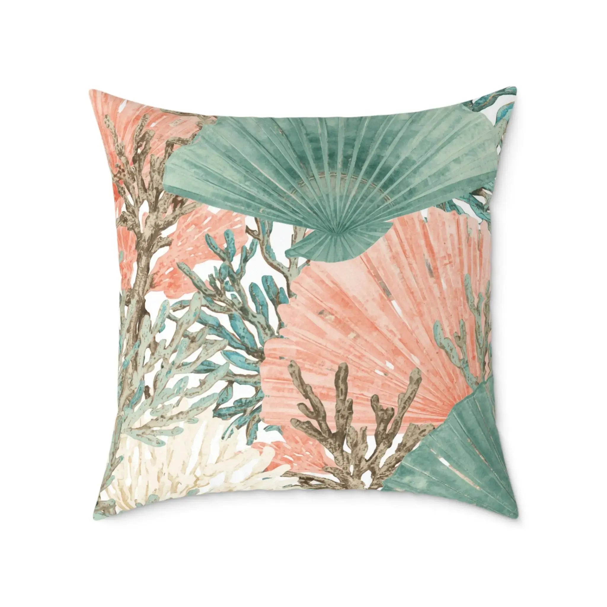 Closeup of coral salmon seashell throw pillow showing detailed shell pattern