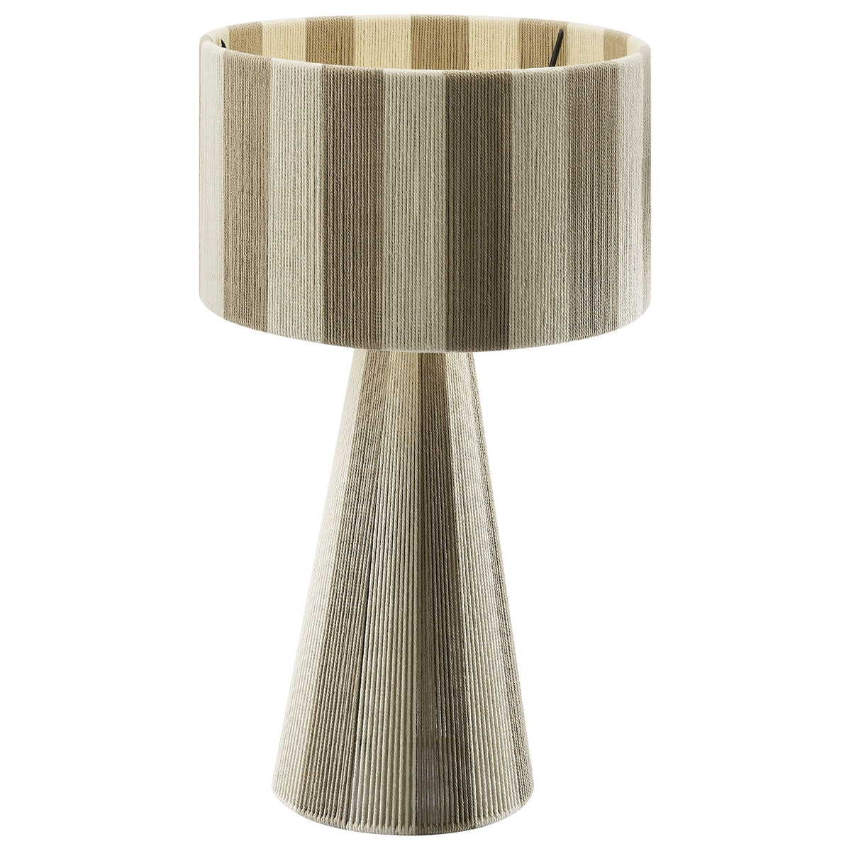 Textured beige and cream table lamp with vertical pleated stripes on the shade and base