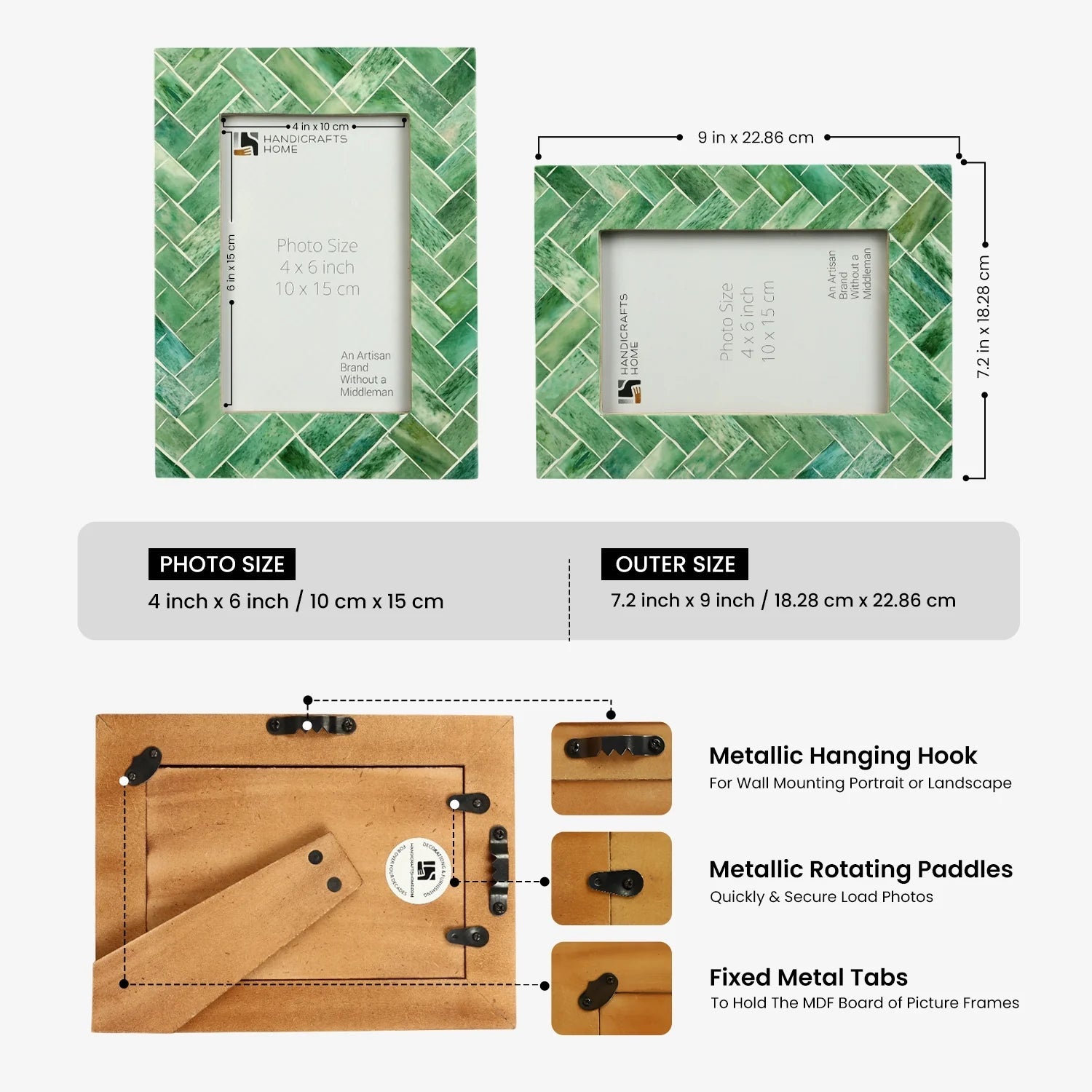 Dark green tropical leaf picture frame standing on a white shelf as part of beach house decor