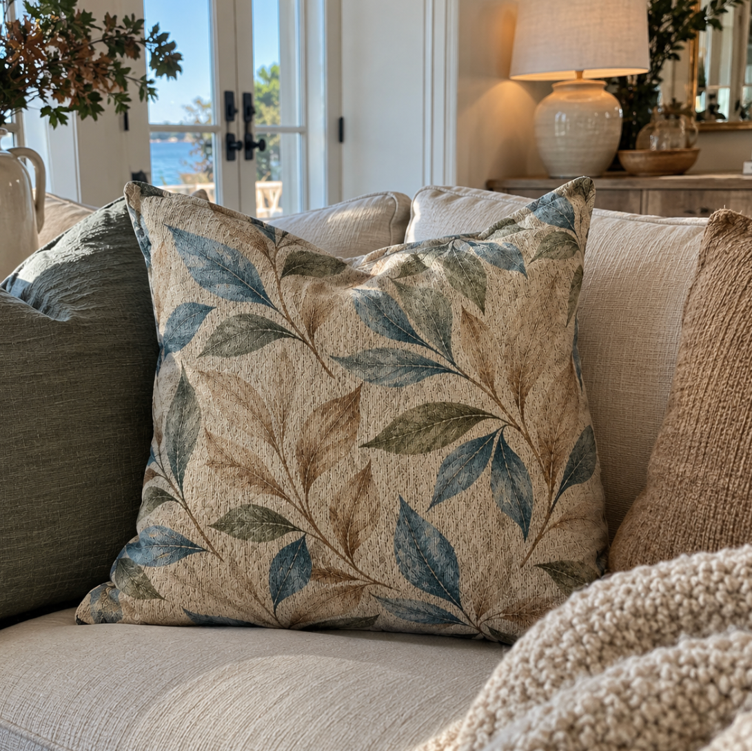 Woven botanical leaf throw pillow in dusty blue and sage green on a neutral sofa