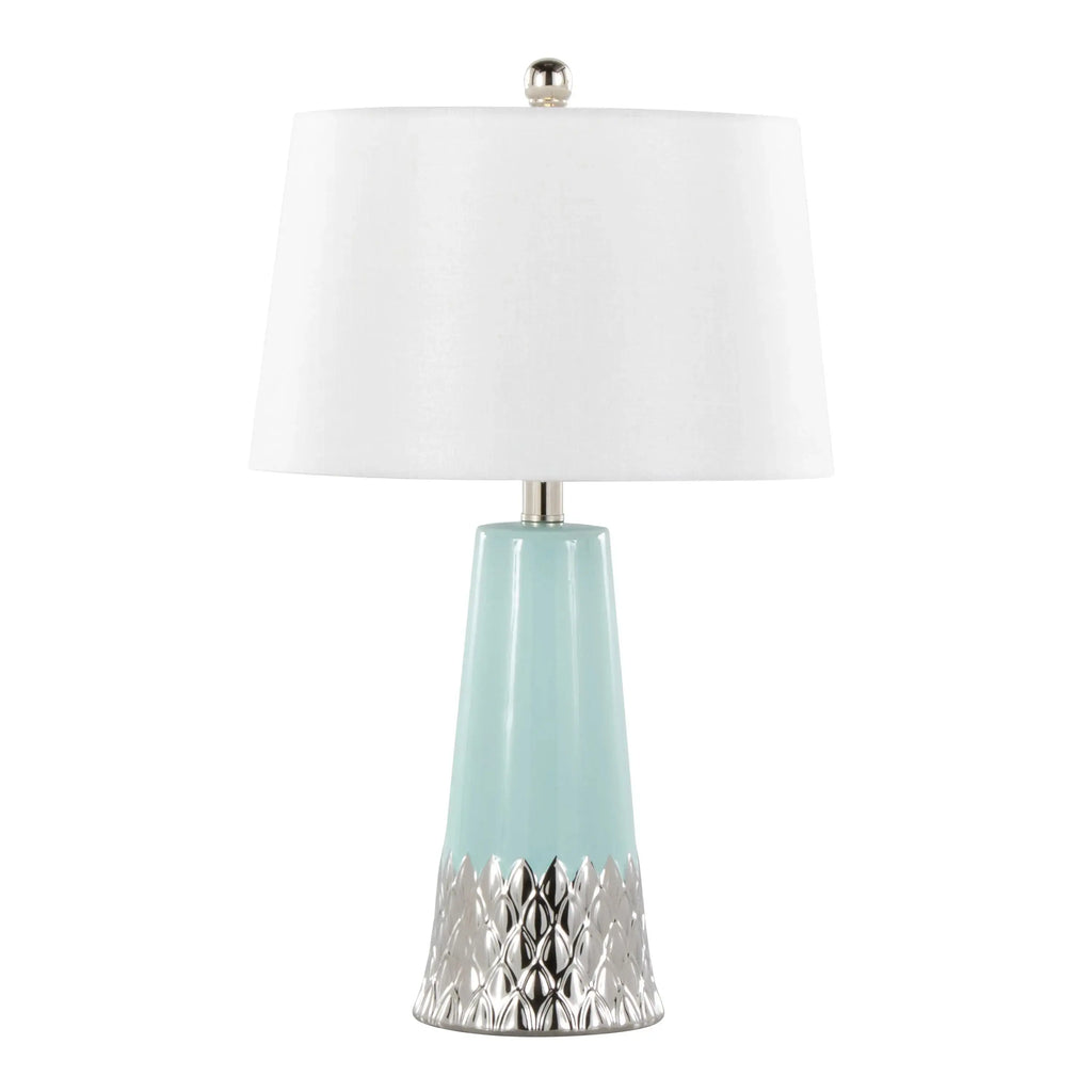 Tiffany blue ceramic table lamp with silver base and modern coastal design