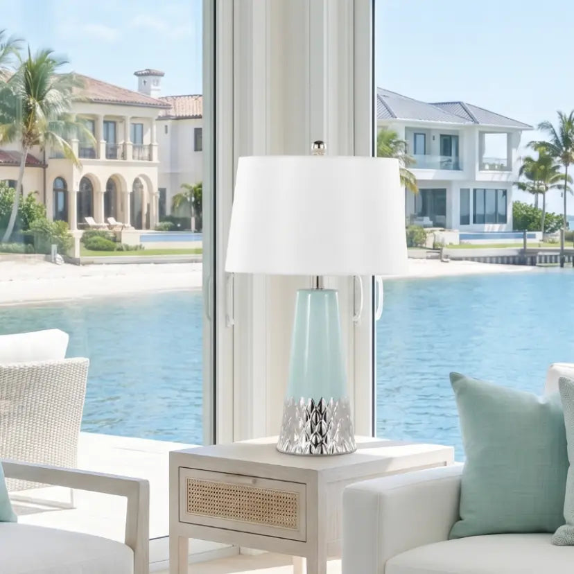 Tiffany finish lamp styled in an elegant beach house interior