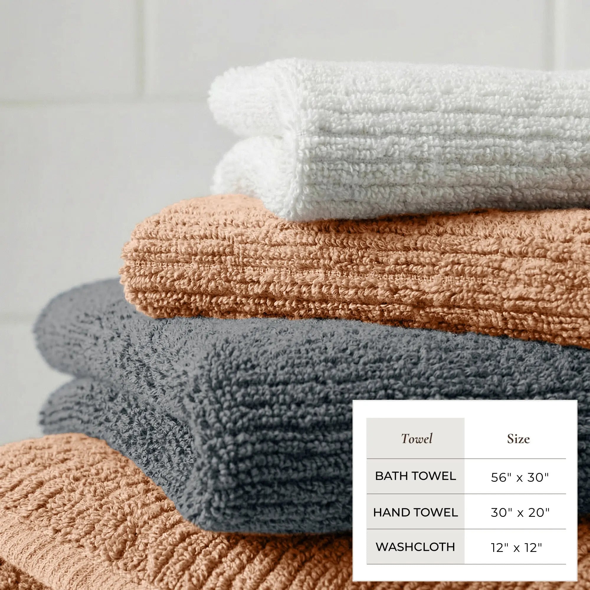 Georgiana Collection Turkish cotton ribbed bath towel set, 6 pieces in white, peach, and gray