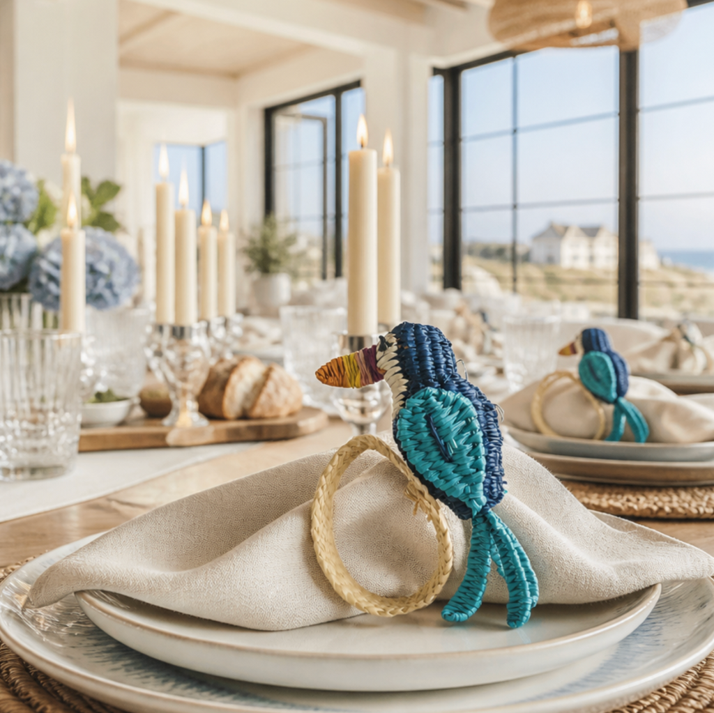 Colorful toucan Iraca palm napkin ring styled on a tropical dining table.
