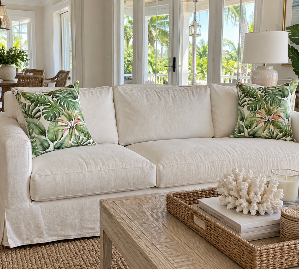 Tropical decorative pillow with a palm pattern in an elegant coastal interior.