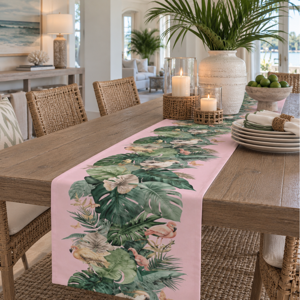 Tropical coastal table runner with pink flamingos, large green leaves, and beachy botanical style