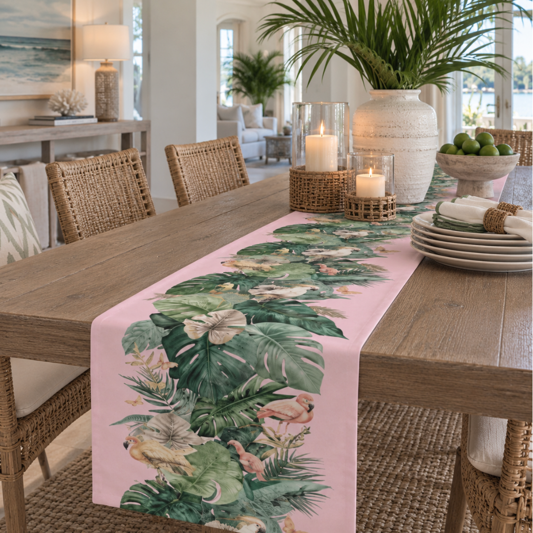 Tropical coastal table runner with pink flamingos, large green leaves, and beachy botanical style