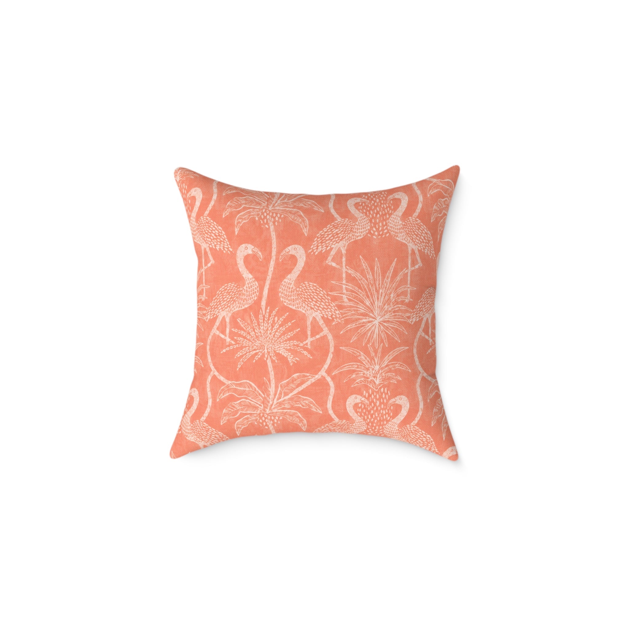Coral and white decorative pillow with flamingo motifs, perfect for layered coastal or island‑inspired décor.