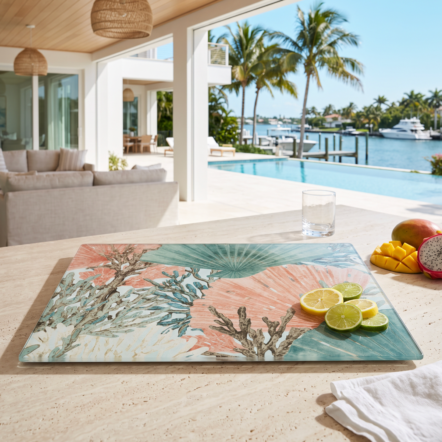 Tropical coral pattern glass cutting board displayed in a modern coastal kitchen with pool and ocean views.